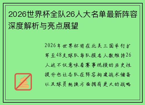 2026世界杯全队26人大名单最新阵容深度解析与亮点展望 2026世界杯全队26人大名单最新阵容深度解析与亮点展望