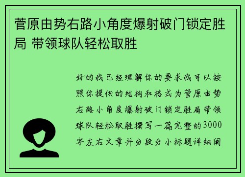 菅原由势右路小角度爆射破门锁定胜局 带领球队轻松取胜 菅原由势右路小角度爆射破门锁定胜局 带领球队轻松取胜